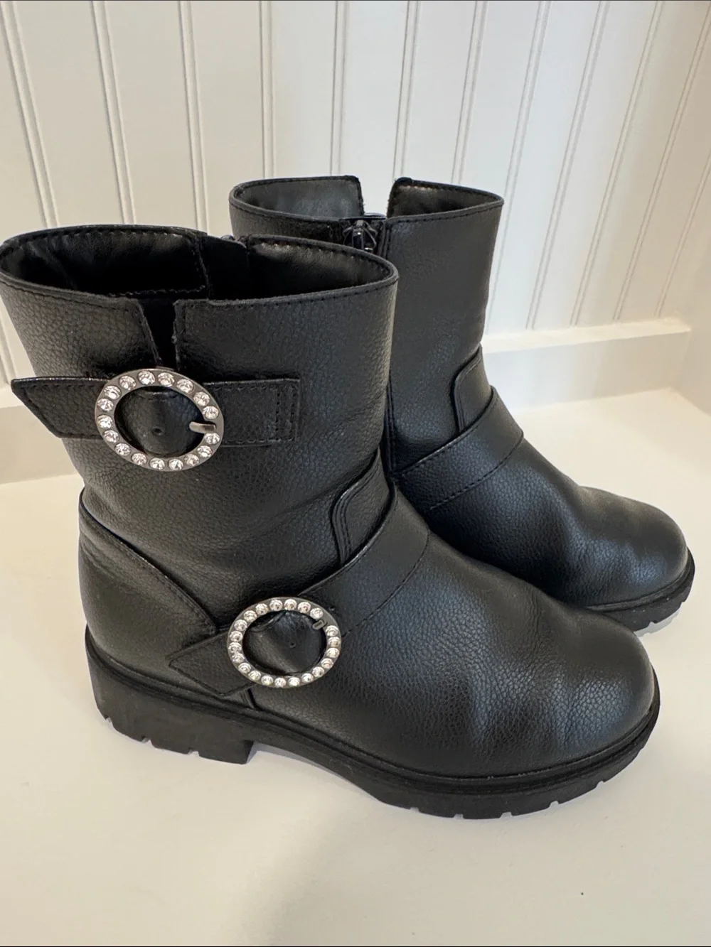 Art Class Girls Buckle Lug Boots Rhinestone Size 2 Pull On Zipper Open Whimsy